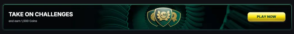 Kinbet gaming challenges banner offering coin rewards for participation